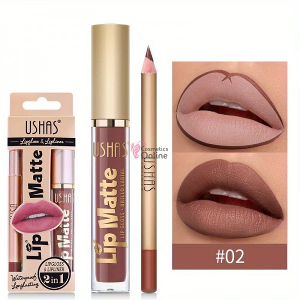Gloss pentru buze USHAS Gloss Matt 24H cu 1 Creion pentru contur - US02 Naked Rose